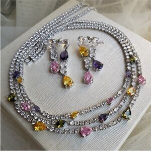 Swarovski Elements Multicolor Teardrop Gem Layered Statement Necklace NEW